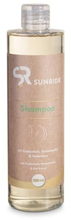 SUNRIDE Champú para Caballos 500 ml – Libre de dopaje – 100% Natural – sin parabenos ni colorantes – pH Neutro – Apto Piel Sensible – Ideal Caballos tordos y Pelaje Blanco – contra el picor
