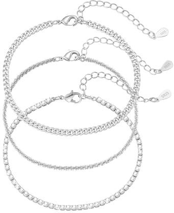 Diorra 3Pcs Silver Chain Bracelets,925 Sterling Silver Bracelet Adjustable Stackable Figaro Tennis Bracelet Jewellery Gifts for Women