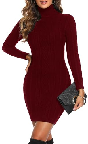 Aottori Pulloverkleid Damen Rollkragen Strickkleid Elegant Winterkleid Langarm Strickpulli Kleid Warm Freizeitkleid Knielang Langarmkleid Casual für Herbst Winter Weinrot XS