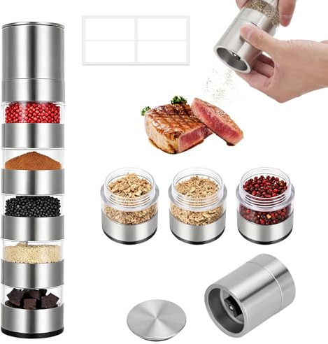 5 in 1 Moulin À Épices Manuel En Acier Inoxydable Avec Étiquette – Mouture Réglable, Fenêtre Transparente Et Autocollant Inclus – Pour Cuisine Maison, Camping Et Voyage