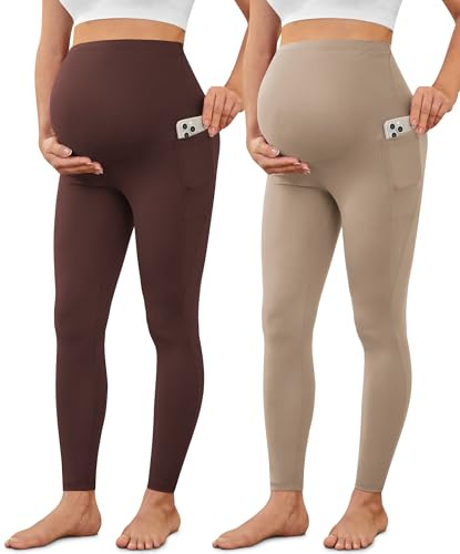 VALANDY 2 Pack Creamlush Maternity Leggings Over Bump with Pockets - Buttery Soft Yoga Workout Pregnant Pants