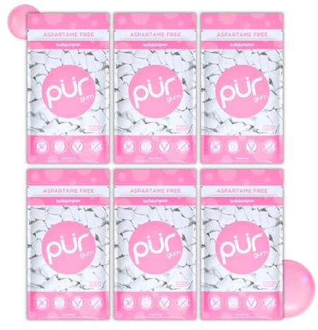 PUR Gum | Sugar Free Chewing Gum | Made with Xylitol | Vegan, Aspartame Free, Gluten Free and Keto Friendly | Natural Bubblegum Flavoured Gum, 55 Pieces (Pack of 6)