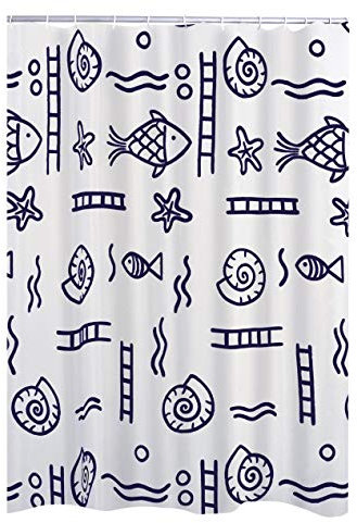 RIDDER Duschvorhang Textil ca. 180x200 cm Neptun, blau, inkl. Ringe | Waschbar | Fische | ÖkoTex