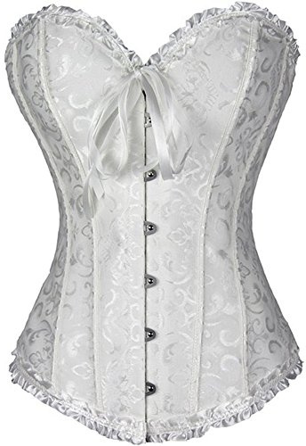 PhilaeEC Women's Plus Size Bridal Lingerie Lace up Satin Boned Corset + G-string (White, M)