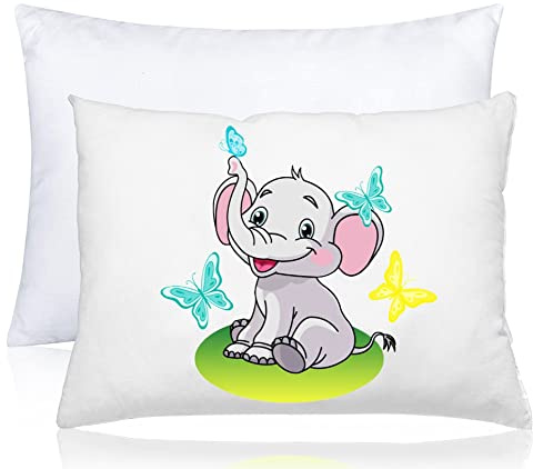 kinder Fluff Cuscino bebè federa design elefante, federa in morbido cotone 100%, imbottitura in piuma alternativa premium. 33x46 cm Resistente, ipoallergenico, lavabile in lavatrice per bambini.