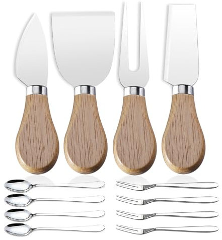 Linwnil Juego de mini cuchillos de queso con mango de madera, juego de cuchillos de charcutería de acero inoxidable con 4 tenedores de frutas y 4 cucharas pequeñas, juego compacto de cortadores de