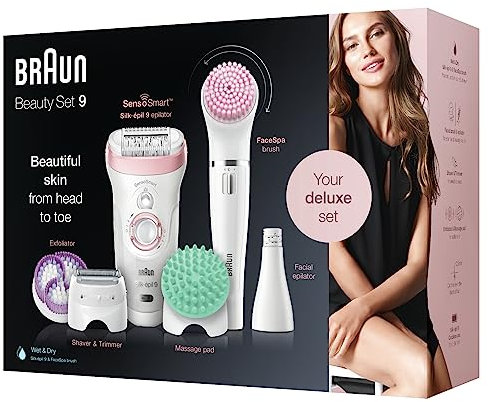 Braun Silk-épil Beauty-Set 9 Deluxe 7-in-1 Epilierer Damen / Haarentferner, Facespa Gesichtshaarentferner, Rasierer, Peeling, Reinigungskit für Gesicht und Körper, 9-985, weiß/rosa