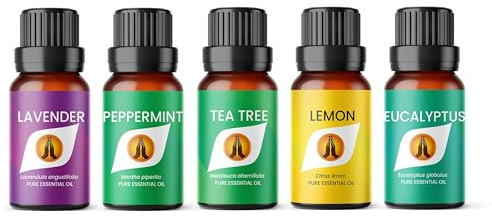 Essential Oil Set for Cleaning | Lavender, Peppermint, Tea Tree, Eucalyptus & Lemon 5 x 10ml | for Diffusers for Home, Aromatherapy, Gift for Him/Her, Candle Making, Soaps, Wax Melts