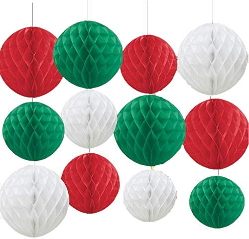 KAHEIGN 12 Pièces Boules En Nid D'abeille De Décoration De Noël, 3 Couleurs Grand Papier De Soie Pom Poms Pompons Boules De Fleurs Pour Les Fournitures De Fête De Noël Accessoire De Suspension De Noël