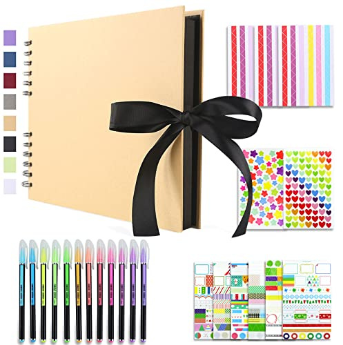 Vienrose Álbum de Fotos Scrapbook 10x15 cm Álbum de Recortes para Pegar y Escribir 80 Negra Páginas Espiral DIY Regalos de Boda Aniversario Bebé Cumpleanos Familiares Navidad, 28,5x21cm, Caqui
