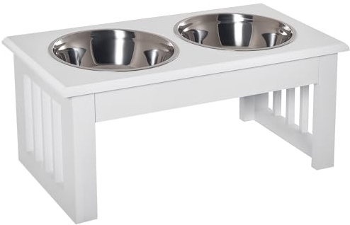 PawHut Comedero Elevado para Perros con Soporte y 2 Cuencos Extraíbles de Acero Inoxidable Alimentador para Mascotas Alimento y Agua 44x24x15 cm Blanco