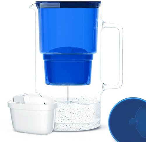 Wessper Jarra filtradora de vidrio con 1 cartucho de filtro 3 Litros | Reemplazo para Dafi Unimax Aquaphor A5 BRITA Maxtra+ PHILIPS AWP212/10 | Reduce la cal, el cloro y los Microplásticos, Azul