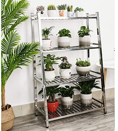Blumentreppe Pflanzentreppe Blumenständer Blumenregal für Innen Außen Garten Edelstahl, 4-Tier-Blumen-Topf-Display-Regal-Rack für Garten Treibhaus-Terrasse Balkon außerhalb Lagerregner Pflanzerhalter