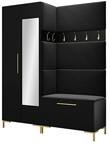 Mirjan24 Garderoben-Set Zinetto IX, Kleiderschrank mit Spiegel, Schuhschrank + 2X Kleiderhakenbrett + Gepolstertes Sitzpaneel, 6 Kleiderhaken, Flurgarderobe, Wandgarderobe (Schwarz, Manila 18)