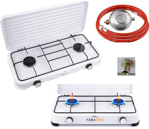 SMH LINE Gasspis camping 2 brännare inklusive slang och regulator, 50 mbar, 4,4 kW propangas, kokplatta, camping utomhus, kök XL