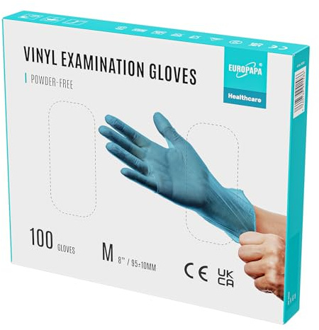 EUROPAPA 100 Guantes De Vinilo Desechables, Guantes De Examen, Sin LÁTex, Sin Polvo, Guantes De Vinilo Disponibles En Tallas S, M, L Y XL (Azul, M)