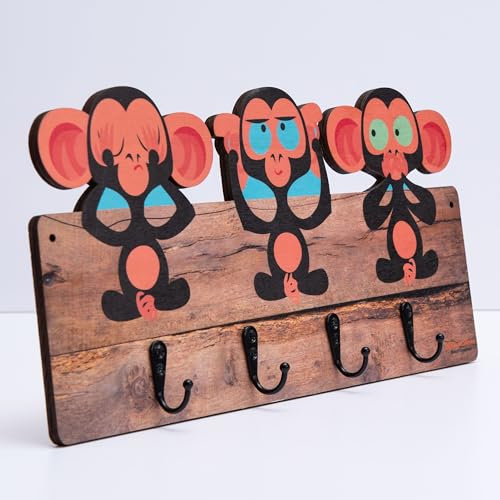 Mevsim Store Kindergarderobe - Handgefertigt - 4 Metallhaken - 39,50x19,50 cm - Garderobe mit Tieren - Hängegarderobe - Holz - Wandgarderobe - Mit Halterungen