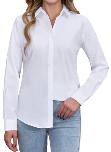 siliteelon Womens Shirts White Shirt for Women Long Sleeve for Women UK Regular Fit Women's Blouses Business Casual Work Office Button Down Shirt M