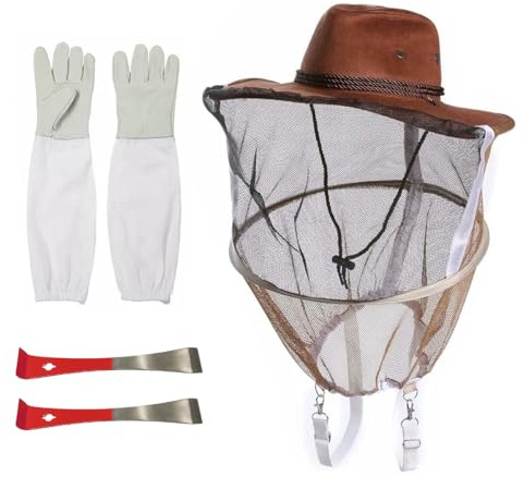 Beekeeping Cowboy Hat, Set of Beekeeping Hat with Goatskin Gloves and Stainless Steel Hive Scraper Tools, Professional Beekeeper Hat Beekeeping Equipment Beekeeper Hand Tool
