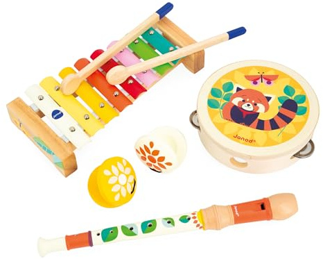 Janod - Set Musicale Gioia - 4 Strumenti Musicali per Bambini - Giocattoli Musicali di Imitazione - Gioco in Legno FSC - Vernice a base d'acqua - Dai 18 Mesi, J07656