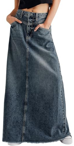 CHARTOU Women Vintage Denim Maxi Skirt Frayed Raw Hem High Waist A-Line Long Jean Skirt (Large, Blue)