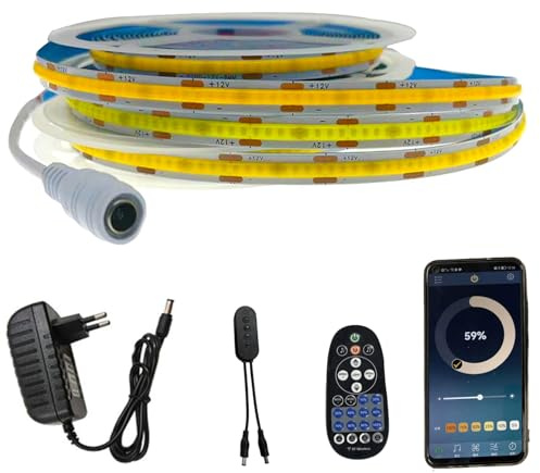 FOLGEMIR Striscia LED COB 1 metro, Bianco Naturale 4000K dimmerabile, 8mm Larghezza, Bluetooth APP controllata con alimentatore 12V + telecomando RF, autoadesiva, flessibile
