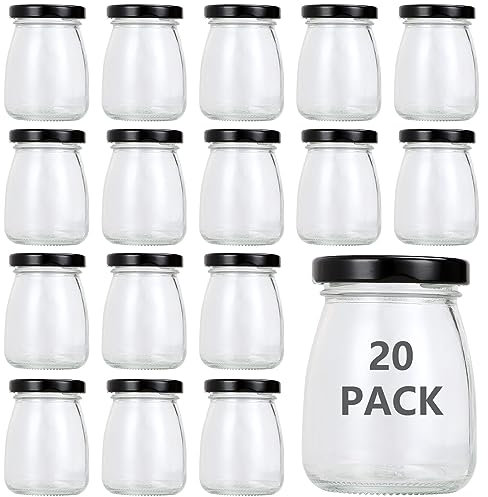 MUXHEL 20 tarros de yogur de 100 ml con tapa negra, frascos pequeños de cristal, mini botellas de cristal para mermelada, miel, gelatina, mousse, especia