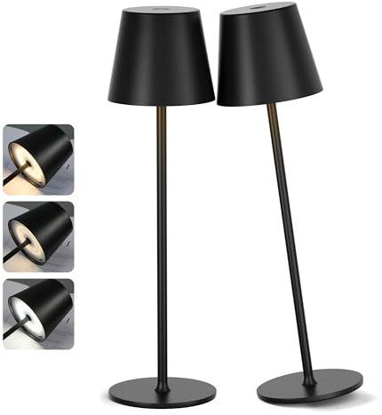 PreeOtti Lampada da Tavolo Senza Fili 2 Pezzi, Lampada da Comodino LED Touch Dimmerabile Ricaricabile, 3 Modalità di Colore, per Camera da Letto, Soggiorno, Campeggio all'aperto Esterno Verande(Nero)