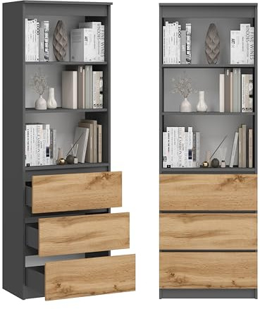 Mehrzweckschrank mit 3 Schubladen 3 Fächern Bücherregal Aktenschrank Büroschrank Haushaltsschrank 180x60x35 cm (Grafit/Eiche Wotan)