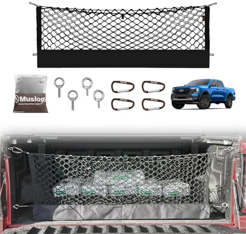 Muslogy Rete di carico per camion, compatibile con Ford Ranger 2024 2025, accessori, stoccaggio, organizzatore, pickup, camion, letto, stile busta, rete di carico con moschettoni robusti