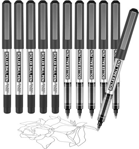 Rollerball Pen, 10 Pack Black Gel Pens 0.7 mm Fine Point Liquid Ink, Quick-Drying Ballpoint Pen for Writing, Journaling, Home Office School Stationary Supplies