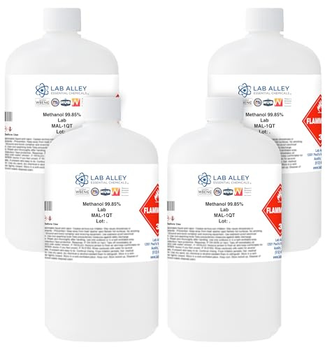Lab Alley Methanol 99.85% Lab Grade Solvent, Polar Solvent for Laboratory, Industrial & Research Use, 1 Gallon (Pack of 4 x 1 Quart Bottles)