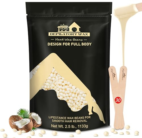 Lifestance 1125 g de perlas de cera formuladas para principiantes, con 10 espátulas de madera para depilación, perlas de depilación con cera en crema para bikini, piernas y axilas