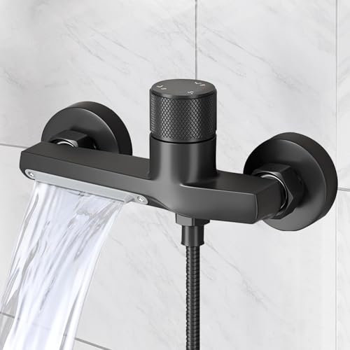 Mitigeur Douche Noir, Mitigeur Douche Thermostatique, Mitigeur Thermostatique Bain Douche en laiton, Mitigeur Baignoire avec 2 Sorties d'eau, Robinet de Douche Thermostatique avec Bouton de Sécurité