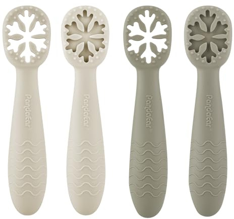 PandaEar Ensemble de cuillères pour bébé avec design flocon de neige (lot de 4) | Ustensiles en silicone de première étape | Sans BPA | Pour enfants et tout-petits de 6 mois et plus (Noix/Bronzées)