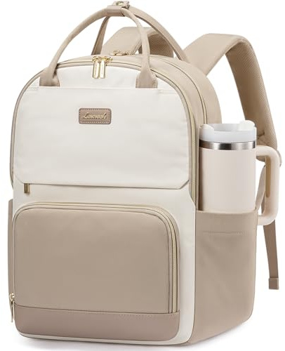 LOVEVOOK Rucksack Damen, 15.6 Zoll Laptop Schulrucksack Teenager mit Großem Flaschenfach, Uni Schultasche Travel Backpack Women Elegant, Arbeitstasche Tagesrucksäcke für Reise Schule, Khaki Beige