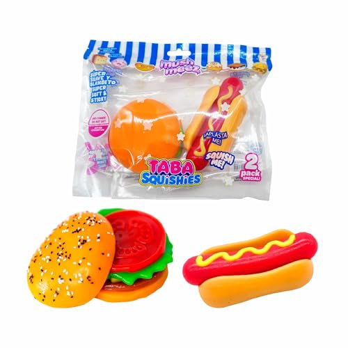 Mushmeez Double Pack, stressfigurer med hamburgare och varmkorv, elastisk och formbar textur återhämtar sig, rolig och krossbar, Famosa (MEE13000)