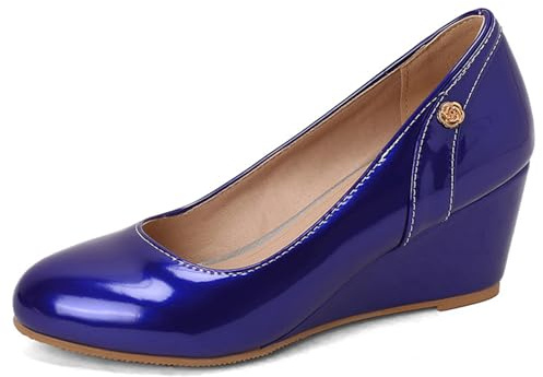 Scarpe con Tacco a Cuneo Colori Caramella in Pelle Verniciata Punta Tonda Slip On Scarpe Eleganti Lucide Metalliche Tacchi Casual per Festa Serale e Outfit alla Moda,Blu,43 EU