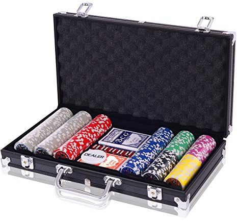 COSTWAY Poker Chips, Set da Poker con 300 Chips, Incluse 2 Carte da Poker 5 Dadi 1 Pulsante, Valigetta in Alluminio, Due Colori Disponibili (Nero)