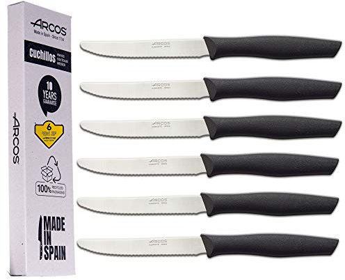 Arcos Juego Cuchillos Carne | Cuchillo chuleteros | Cuchillos Carne Cuchillos Mesa | 6 Uds | Hoja 110 mm | Acero Inoxidable | Mango Nylon | Apto lavavajillas | Envase Ecológico (Filo Serrado)