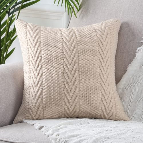 Mandioo Baumwolle gestrickte Beige dekorative Wurf Kissenbezüge Weiche Gemütliche Zierkissenbezug Luxus Moderne Dekorativ Couchkissen Kissenhüllen für Sofa Couch Wohnzimmer 45x45 cm
