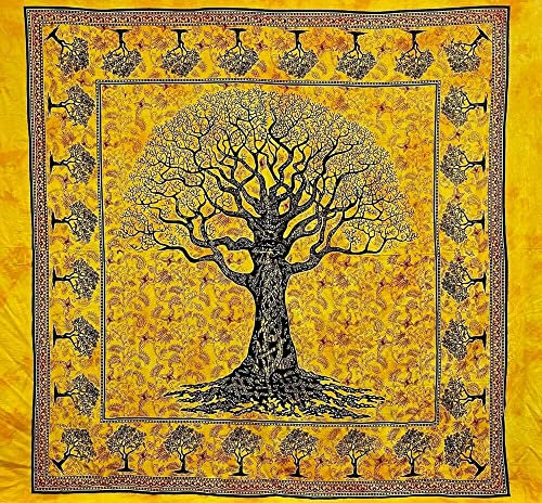 Großer Überwurf mit Baum des Lebens, Sofaüberwurf mit Fransen, großes Strandtuch 210 x 240 cm (Gelb)