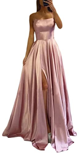 ORANDESIGNE Vestito da Cerimonia Donna Linea ad A Stile Impero Lungo Vestito da Sera in Raso Abito da Ballo con Spacco Vestito di Compleanno Senza Tasche A Rosa XS