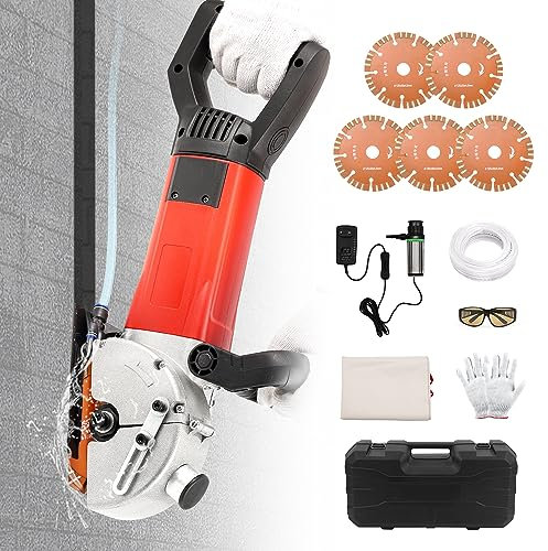 Huanyu Máquina ranuradora de paredes con 5 cuchillas de 133 mm Herramienta de corte de paredes sin polvo con bomba de agua mejorada Adecuada para cortar ladrillos, tierra y barras de refuerzo