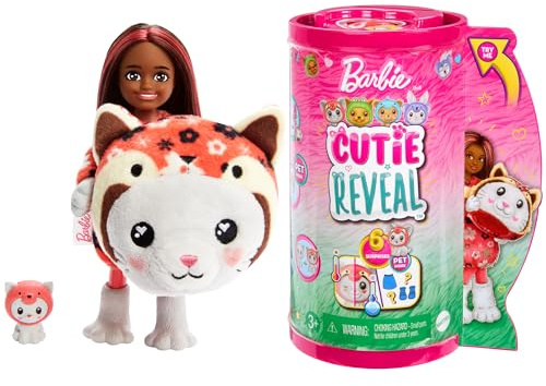 Barbie Chelsea Cutie Reveal Serie Disfraces Gatito panda rojo Animal revela muñeca con mascota y accesorios sorpresa de moda, juguete +3 años (Mattel HRK28)