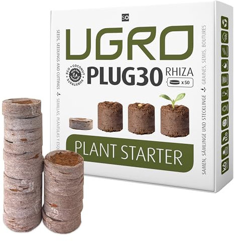 UGro Plug Plant Starter Rhiza - Pastillas de Coco, sustrato de Coco con micorrizas, Fibra de Coco deshidratada, huerto Urbano, semilleros, esquejes y sin turba – 50 Unidades de 30mm