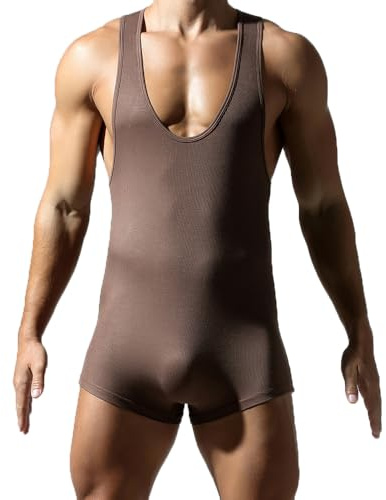 SPNSSTCR Men Athletic Supporters Bodysuits Leotard Wrestling Singlet Jumpsuits Seamless Slim Fits Shapewear Boxers (Brown, M)