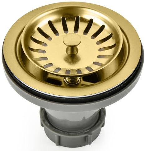 Black/Gold/Chrome Kitchen Sink Drain Assembly Replacement Kit,for Standard 3-1/2 Inch Kitchen Sinks,with Removable Basket Strainers Stopper Plug, with 1-1/2 Lock Nuts,Nicmondo (Gold)