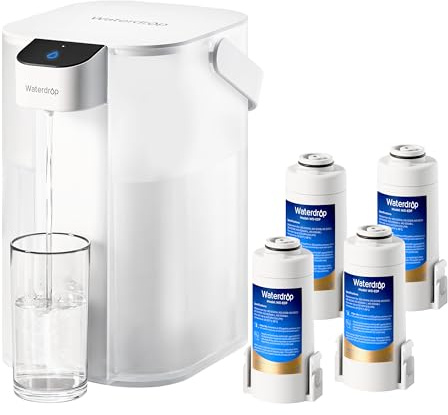 Waterdrop Caraffa filtrante elettrica istantanea con 4 filtri da 3 mesi, sistema di filtraggio dell'acqua da banco da 3,5 l, riduce cloro, piombo, mercurio, riduce PFAS, PFOA/PFOS, 757 litri, bianco