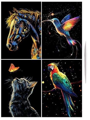 Scratch Paper Art, gratter l'art, Ensemble lumineux de 4 cartes de peinture à gratter à la main, Coloriage dessin artisanat, plaisir, paysage créatif et art animal pour les , adolescents adultes